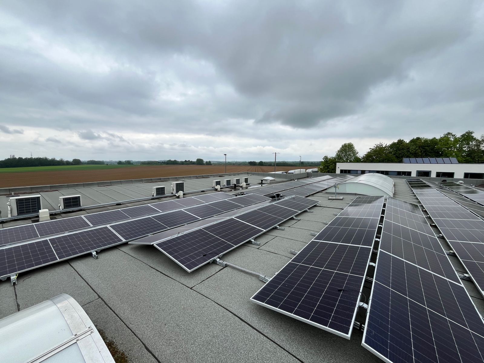 Panneaux photovoltaïques posés sur la toiture plate d'un bâtiment industriel