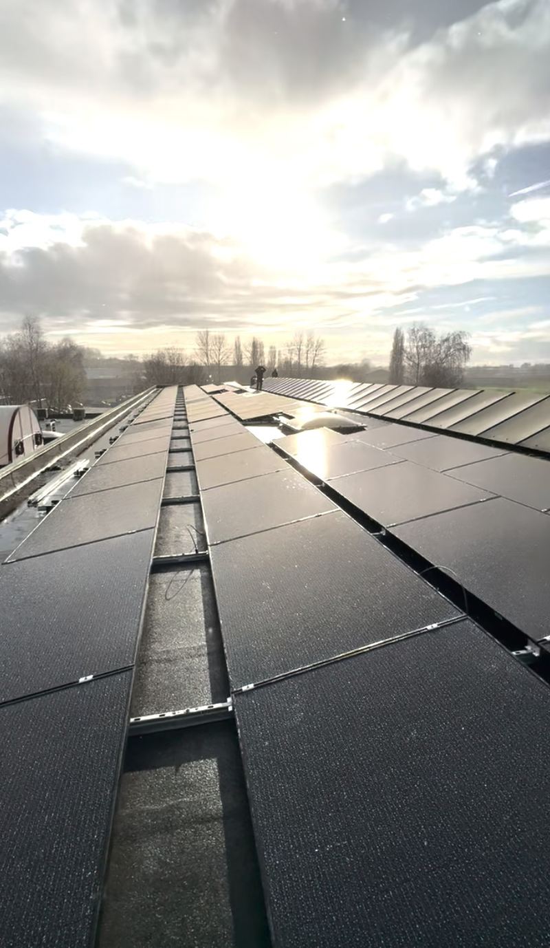 Toiture industrielle couverte de panneaux photovoltaïques au soleil couchant